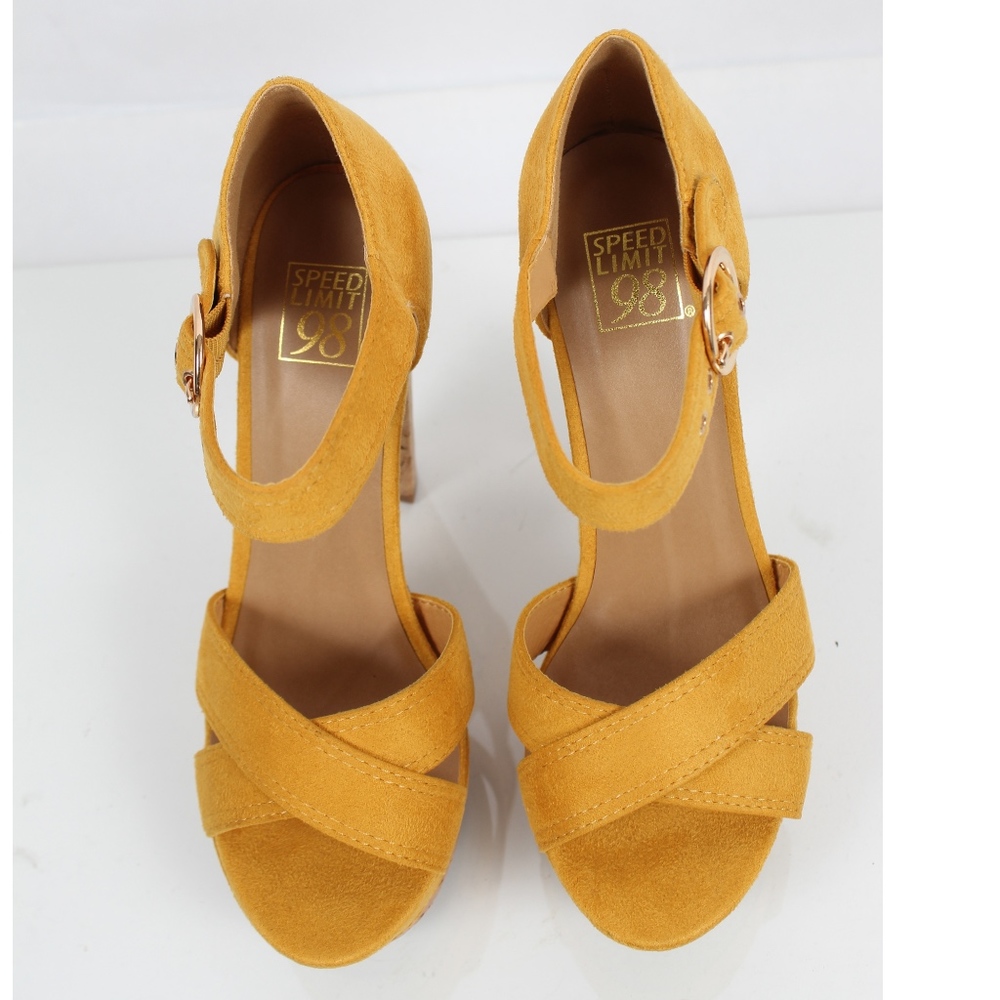 Size 8 Mustard Faux Suede Cork Platform Heel Sanda - Picture 4 of 5